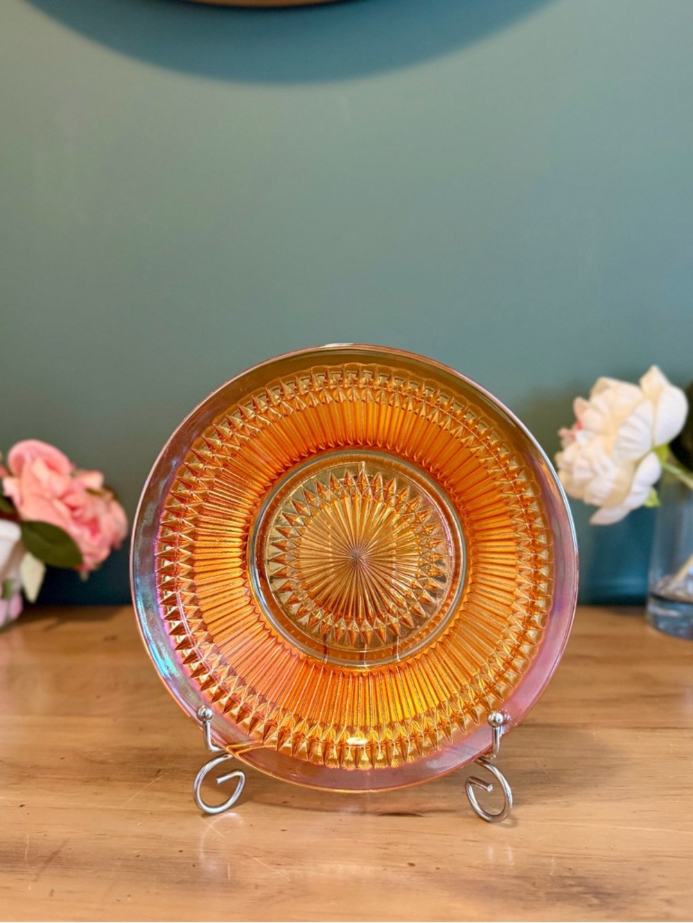 Vintage Carnival Glass Amber Iridescent Bowl Starburst 8”